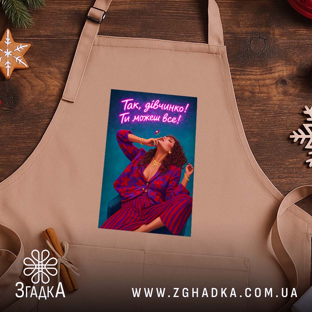Фартух для успішної жінки, бежевий на дерев'яному фоні, бренд Згадка.