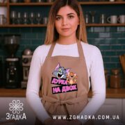 Фартух дурка на двох, бежевий, на моделі в кухні, бренд Згадка.