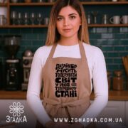 Фартух дизайнер толерує світ, бежевий, на жінці, кухня на фоні, бренд Згадка.