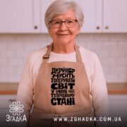 Фартух дизайнер толерує світ, бежевий, на жінці, світлий фон, бренд Згадка.