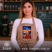 Фартух Емоційна для офісу, бежевий, на моделі в кухні, бренд Згадка.