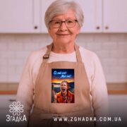 Фартух Емоційна для офісу, бежевий, на жінці в кухні, бренд Згадка.