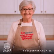 Фартух фестиваль червоних прапорів, бежевий, на жінці, кухня на фоні, бренд Згадка.