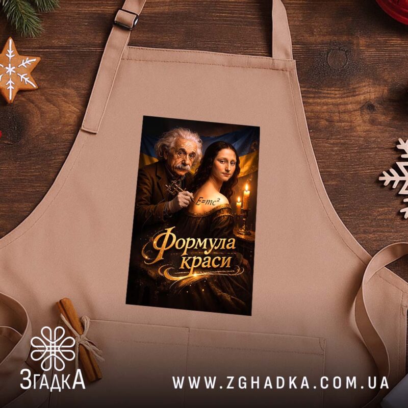 Фартух формула краси тату сюжет, бежевий фон, принт на столі, святковий декор,.
