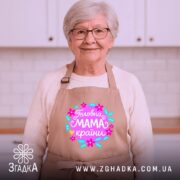 Фартух головна мама країни, бежевого кольору, зображений на манекені, фон нейтральний, принт з яскравими квітами та написом 'Головна мама країни'.