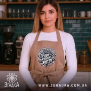 Фартух гроші квіти життя мем принт, бежевий, на дівчині в кухні, бренд.