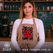 Фартух я хуїю з цього світу, бежевий, на моделі, кухня, бренд Згадка.