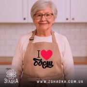 Фартух я люблю борщ, бежевий, на жінці в кухні, бренд Згадка.