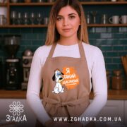 Фартух я такий щасливий, бежевий, на моделі в кухні, бренд Згадка.
