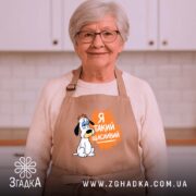Фартух я такий щасливий, бежевий, на жінці в кухні, бренд Згадка.