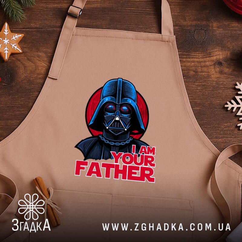 Фартух я твій батько мем, бежевий на дерев'яному фоні, бренд Згадка.