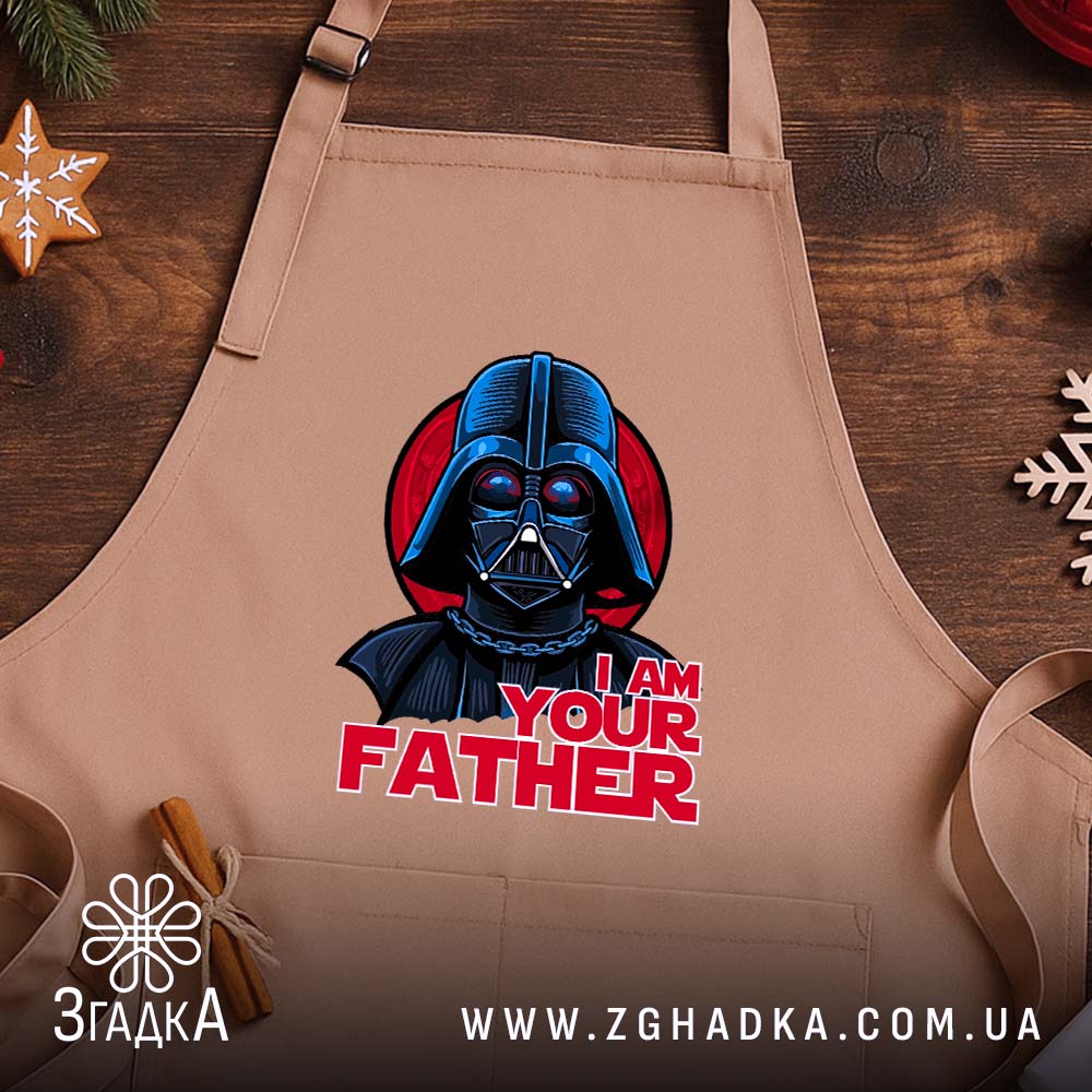 Фартух я твій батько мем, бежевий на дерев'яному фоні, бренд Згадка.