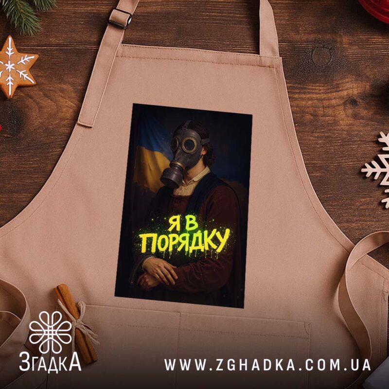 Фартух я в порядку арт принт, бежевий фон, на дерев'яному столі, бренд.
