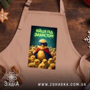 Фартух яйця під захистом, бежевий, на дерев'яному фоні, бренд Згадка.