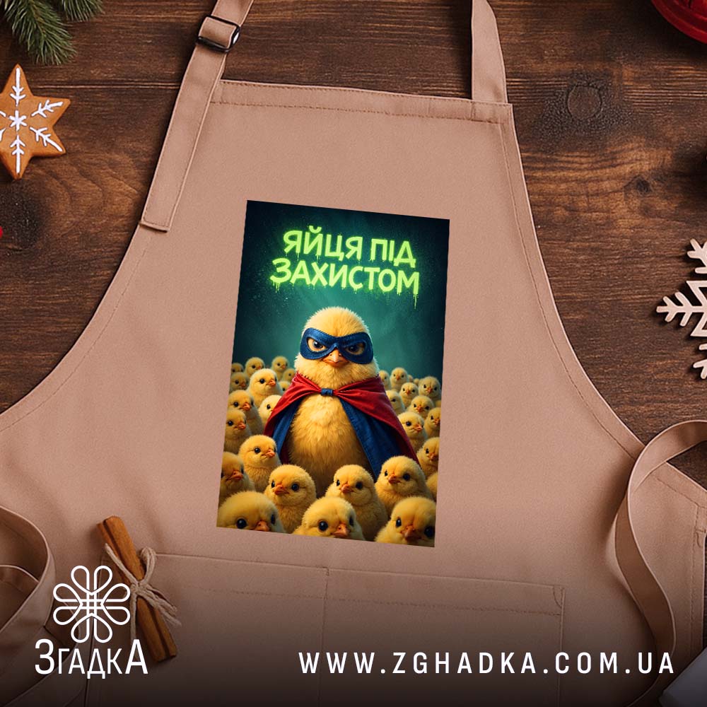 Фартух яйця під захистом, бежевий, на дерев'яному фоні, бренд Згадка.