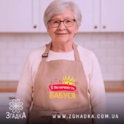 Фартух її величність бабуся, бежевого кольору, зображений з фронтального ракурсу на манекені, фон світлий, принт містить корону та сердечка, напис червоним і жовтим кольором.