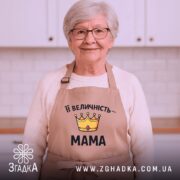 Фартух Її Величність Мама бежевого кольору, зображений з фронтального ракурсу, на фоні світлого однотонного фону. На фартусі є принт у вигляді корони жовтого кольору з червоним каменем та написом "Її Величність – МАМА" чорним шрифтом.