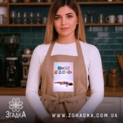 Фартух Іронічний офісний гумор, бежевий, на моделі в кухні, бренд Згадка.