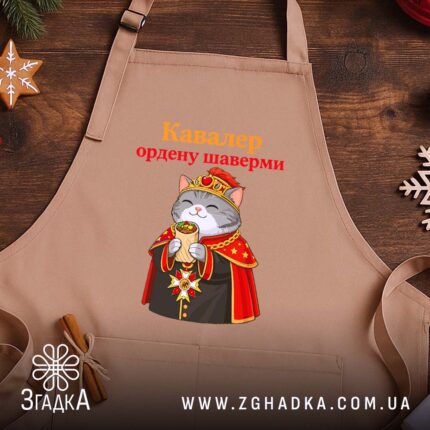 Фартух кавалер ордену шаверми, бежевий, на дерев'яному фоні, бренд Згадка.