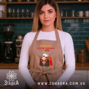 Фартух кавалер ордену шаверми, бежевий, на жінці, кухня на фоні, бренд Згадка.