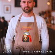 Фартух кавалер ордену шаверми, бежевий, на чоловікові, кафе на фоні, бренд Згадка.