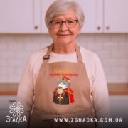 Фартух кавалер ордену шаверми, бежевий, на жінці, світлий фон, бренд Згадка.