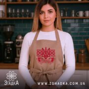 Фартух Христос воскрес великодній стиль, бежевий колір, модель у кухні, бренд Згадка.