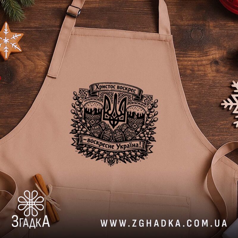 Фартух Христос воскрес воскресне Україна, бежевий фон, принт на дерев'яному столі, бренд.