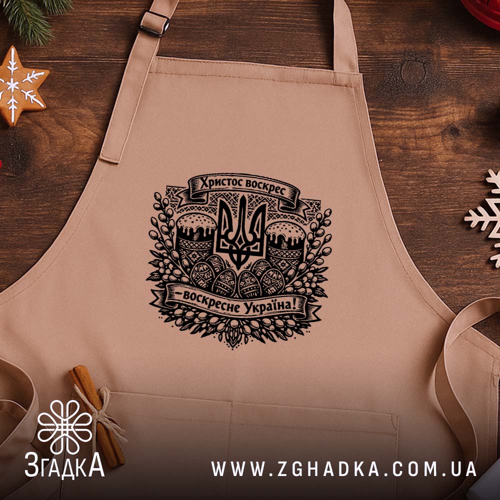 Фартух Христос воскрес воскресне Україна, бежевий фон, принт на дерев'яному столі, бренд.