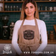 Фартух Христос воскрес воскресне Україна, бежевий, на моделі в кухні, бренд Згадка.