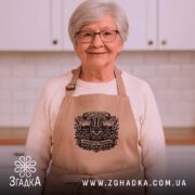 Фартух Христос воскрес воскресне Україна, бежевий, на жінці з окулярами, бренд Згадка.