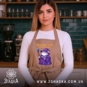 Фартух кіт колдую тобі режим турбо, бежевий колір, на моделі в кухні,.