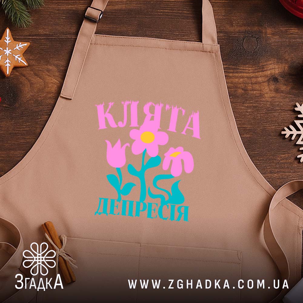 Фартух клята депресія прикольний напис, бежевий фон, дерев'яний стіл, бренд Згадка.