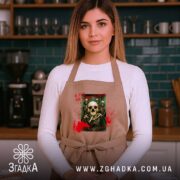 Фартух клуб безсмертних з черепами, бежевий, на моделі, кухня в фоні, бренд.