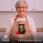 Фартух клуб безсмертних з черепами, бежевий, на жінці, кухня в фоні, бренд.