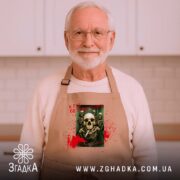 Фартух клуб безсмертних з черепами, бежевий, на літньому чоловікові, кухня в фоні,.