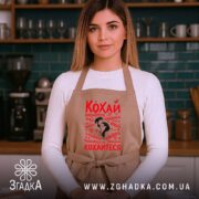 Фартух кохай кохайтеся про любов, бежевий, на моделі в кухні, бренд Згадка.