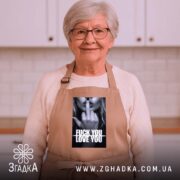 Фартух кохання з характером, бежевий, на жінці з окулярами, бренд Згадка.