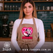Фартух кохання закохана пара, бежевий, на моделі, кухня на фоні, бренд Згадка.