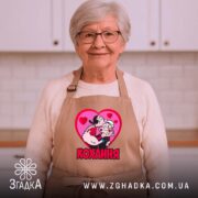 Фартух кохання закохана пара, бежевий, на жінці, світлий фон, усмішка, бренд Згадка.