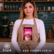 Фартух Коли настрій всьооо, бежевий, на моделі, кухня на фоні, бренд Згадка.