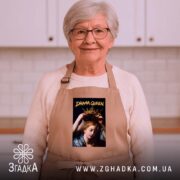 Фартух Королева драми, бежевий, на жінці, затишний фон, бренд Згадка.