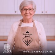 Фартух королева кухні, бежевого кольору, зображений на манекені, фон світлий, принт чорного кольору з написом 'Королева кухні' та зображенням серця з виделкою і ложкою.
