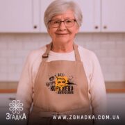 Фартух королева випускного для випускниці, бежевий, на жінці в кухні, бренд Згадка.