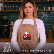 Фартух котолик амінь мур арт принт, бежевий, на жінці, кухня на фоні,.