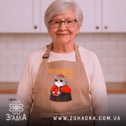 Фартух котолик амінь мур арт принт, бежевий, на жінці, кухня, усмішка, бренд.