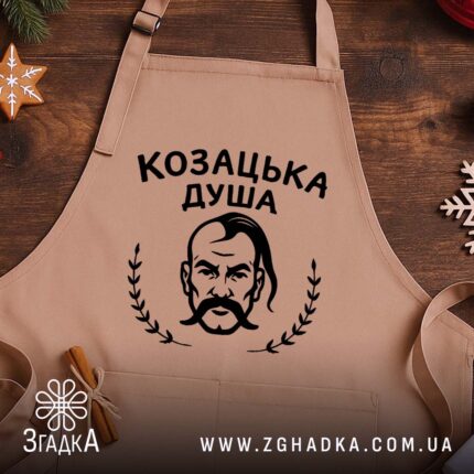 Фартух козацька душа патріотичний дизайн, бежевий фон, дерев'яна поверхня, бренд Згадка.