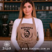 Фартух козацька душа патріотичний дизайн, бежевий, на моделі, кухня з плиткою, бренд.