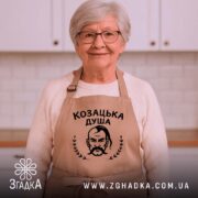 Фартух козацька душа патріотичний дизайн, бежевий, на жінці, світла кухня, бренд Згадка.
