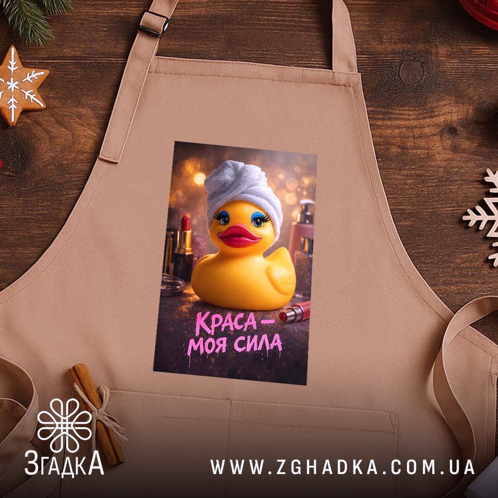 Фартух краса моя сила, бежевий на дерев'яному фоні, бренд Згадка.